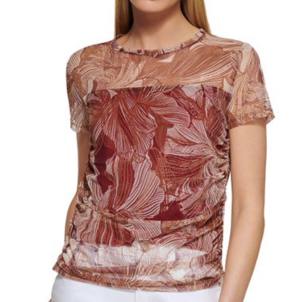 DKNY Floral Mesh Ruched Short-Sleeve Top NEW- Sz. Sm
